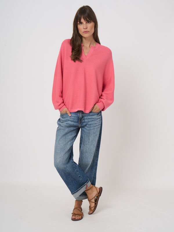 Pull en maille c&ocirc;tel&eacute;e fine cachemire-coton image number 2