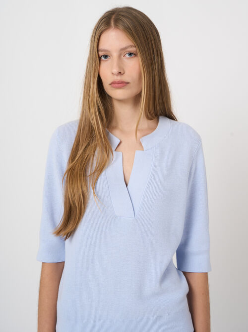 Pull court en maille c&ocirc;tel&eacute;e cachemire-coton