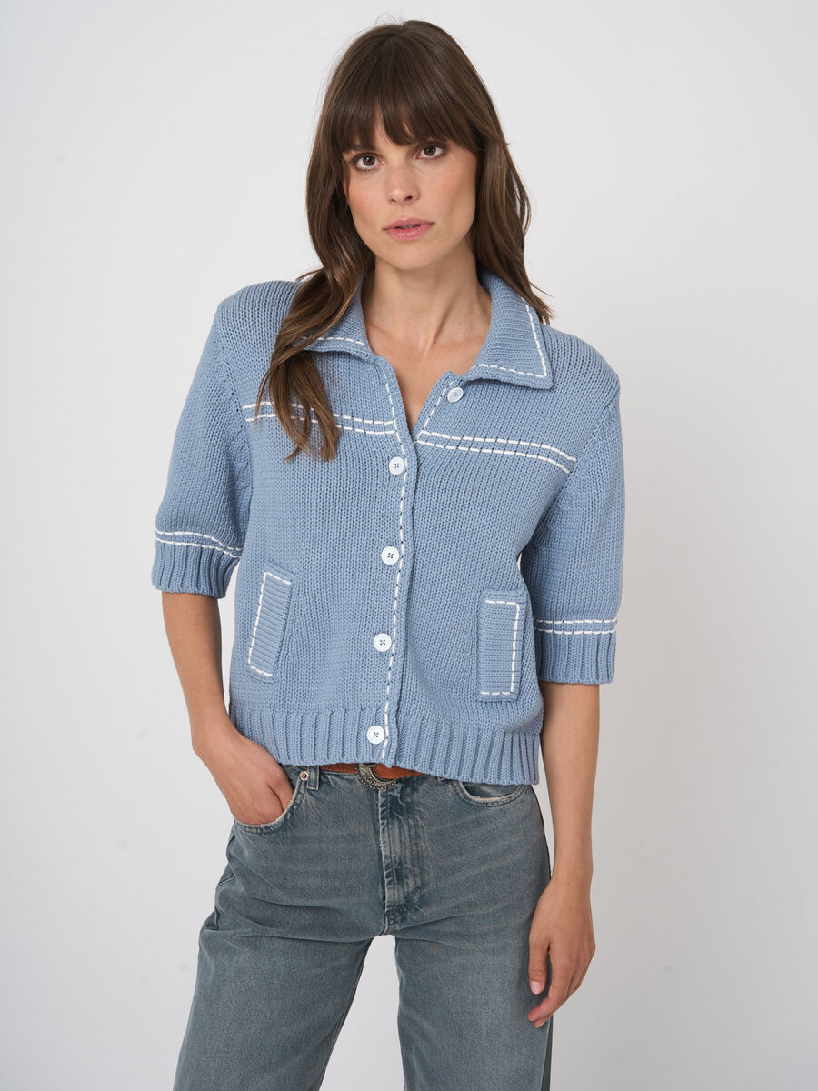 Chunky knit cotton-blend polo cardigan image number 4