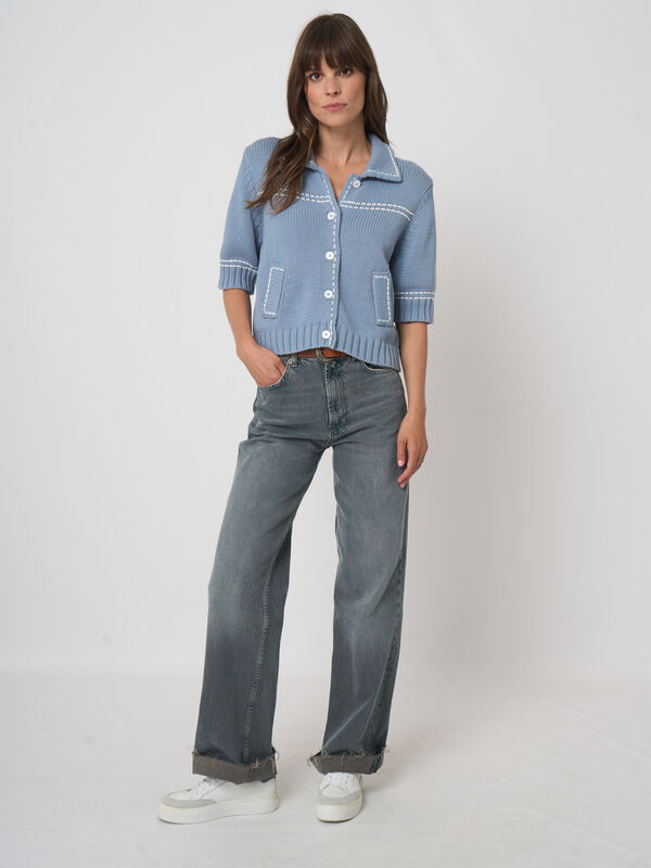 Kort grofgebreid polo-vest van katoenmix image number 5