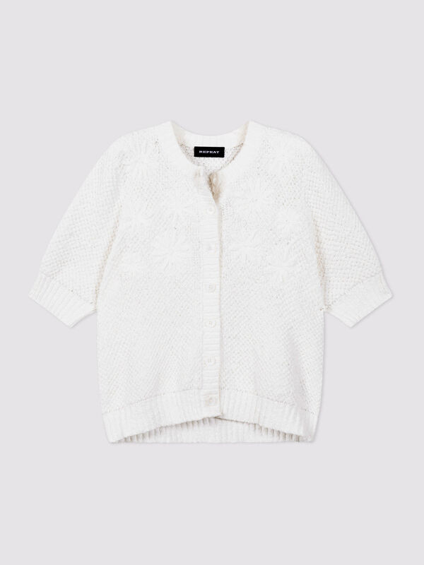 Kurzer Baumwoll-Cardigan mit Slub-Struktur & Blumenstickerei image number 2