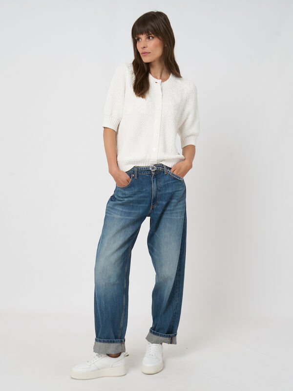 Kurzer Baumwoll-Cardigan mit Slub-Struktur & Blumenstickerei image number 7