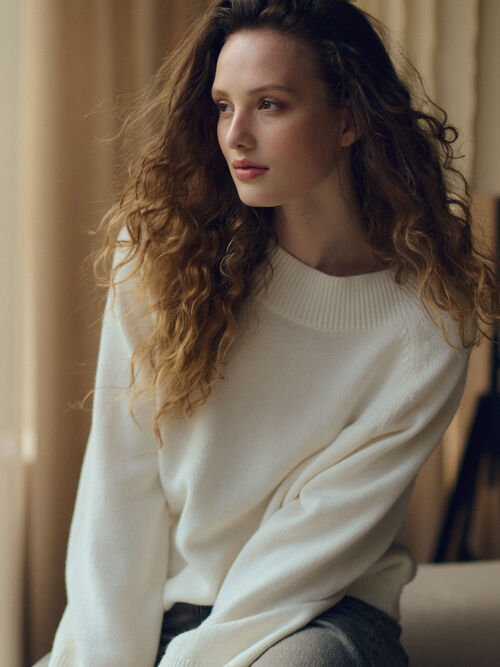 Cropped Cashmere-Cotton Sweater with Wide Rib Boat Neck