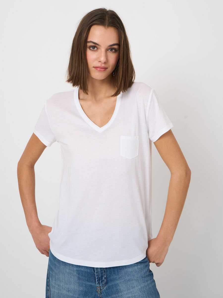 T-shirt col V lyocell-coton, poche poitrine image number 4