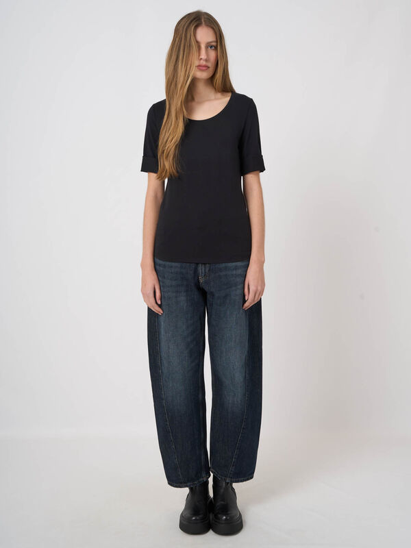 T-shirt en coton stretch &agrave; manches retrouss&eacute;es image number 3