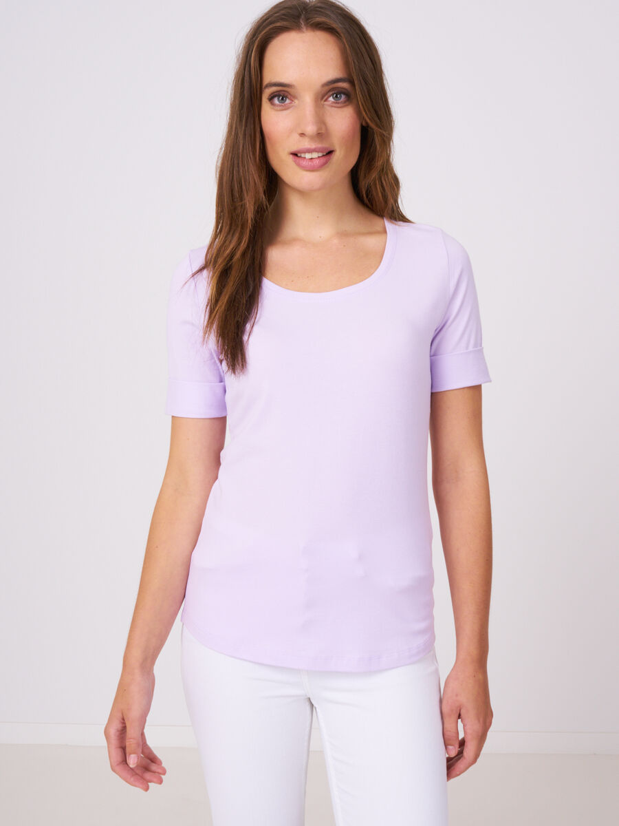 T-shirt en coton stretch &agrave; manches retrouss&eacute;es image number 0