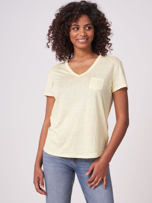 Basic pure linen V-neck T-shirt with chest pocket