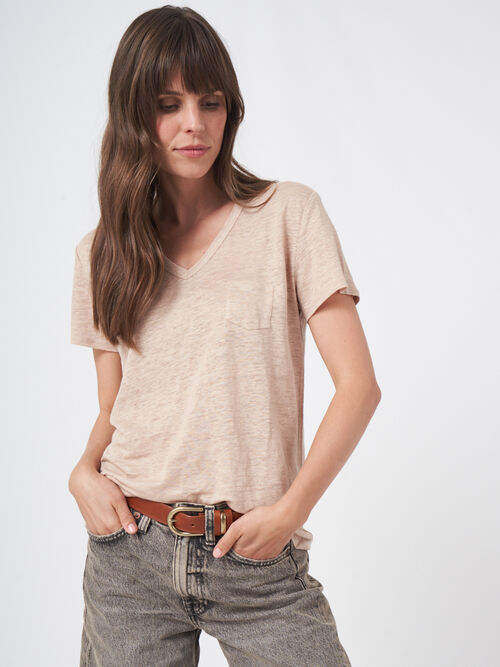 Basic pure linen V-neck T-shirt with chest pocket