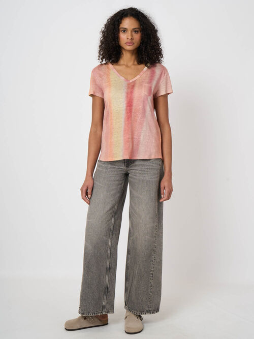 Pure linen V-neck T-shirt with tie dye print