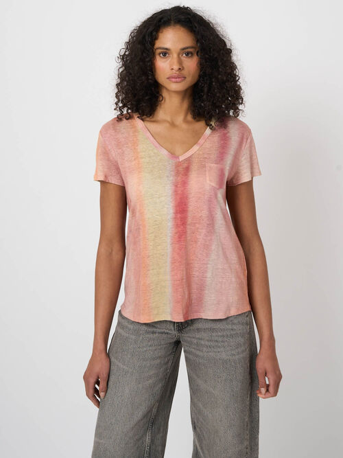 Pure linen V-neck T-shirt with tie dye print