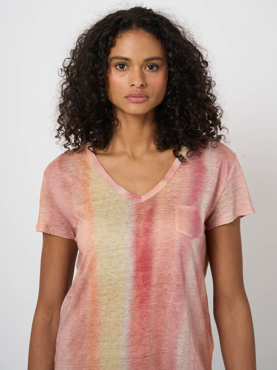 Leinen-T-Shirt mit V-Ausschnitt und gestreiftem Tie-Dye-Druck image number 2