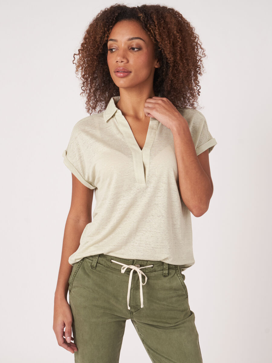 Linen jersey top with shirt collar image number 0