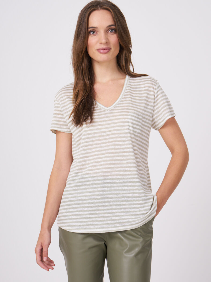 Striped Linen T-shirt with chest pocket image number 0