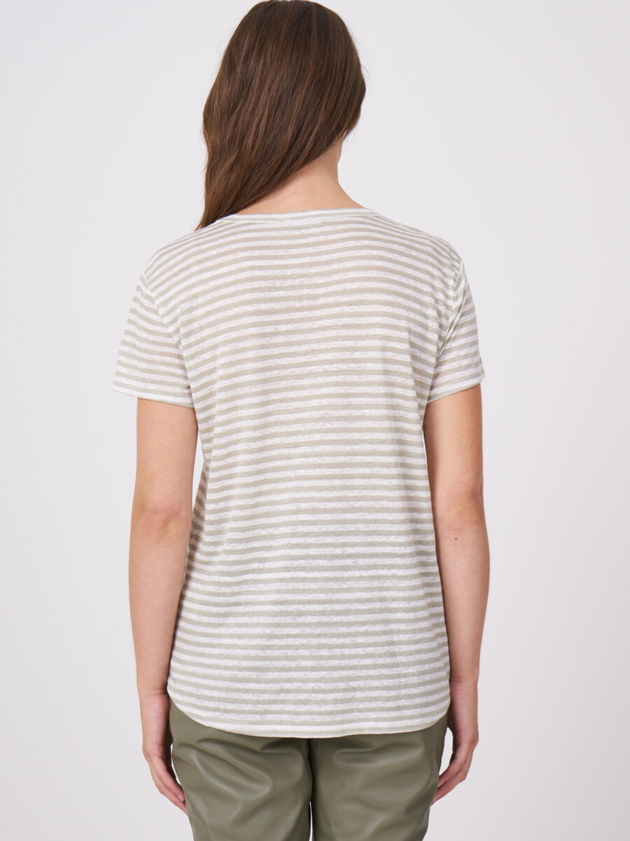 Striped Linen T-shirt with chest pocket image number 1