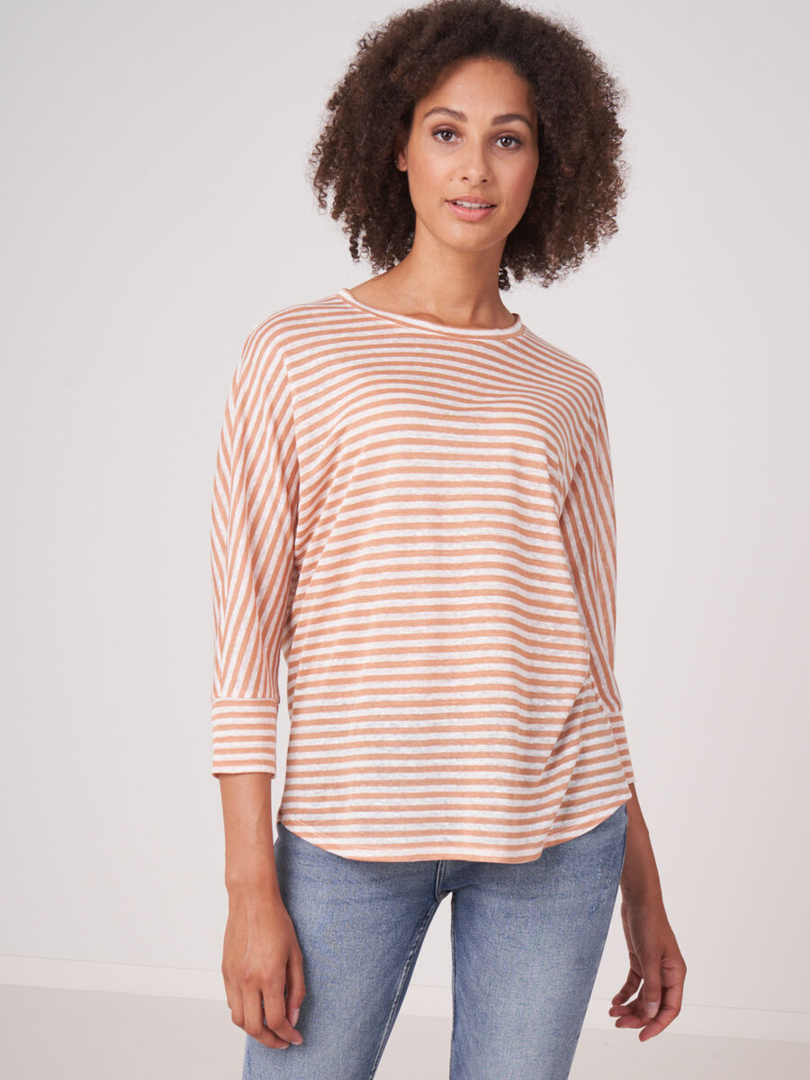 Linen 3/4 sleeve top with stripes image number 0