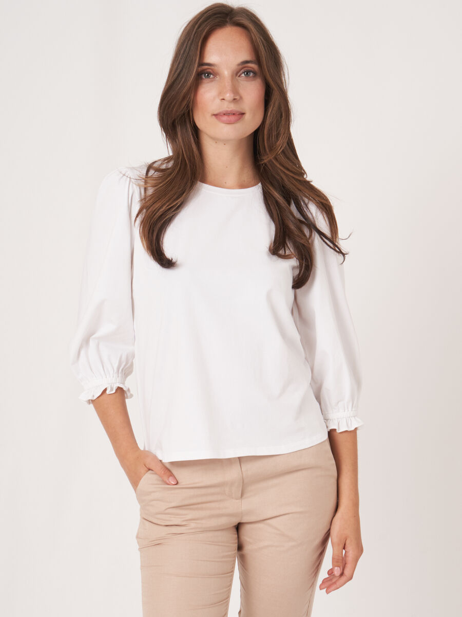 Cotton stretch T-shirt with 3/4 sleeves with elastic cuff and ruffle image number 0
