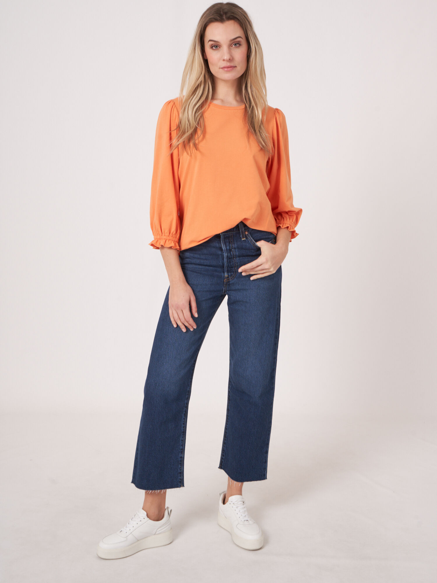 Cotton stretch T-shirt with 3/4 sleeves with elastic cuff