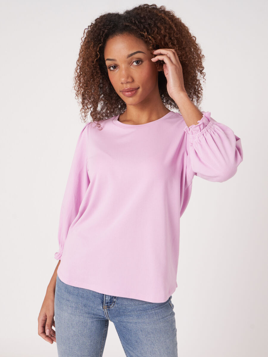 Cotton stretch T-shirt with 3/4 sleeves with elastic cuff and ruffle image number 0