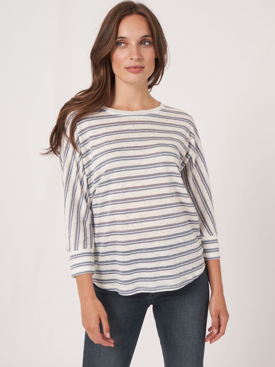 Linen batwing sleeve top with lurex stripes image number 0