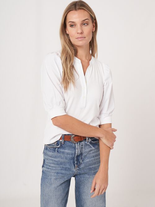 Henley top with short puff sleeves