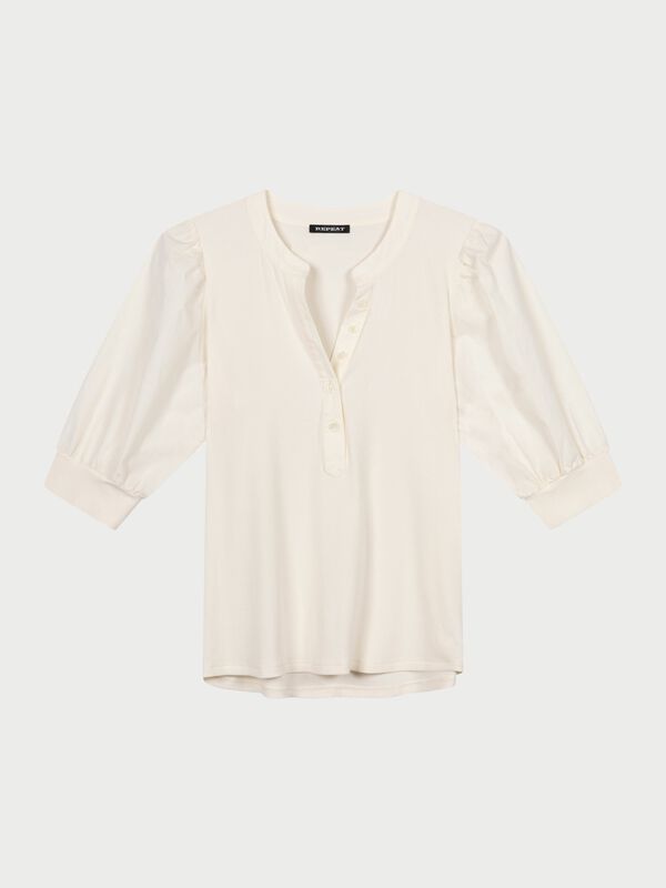 Henley top met korte pofmouwen image number 0