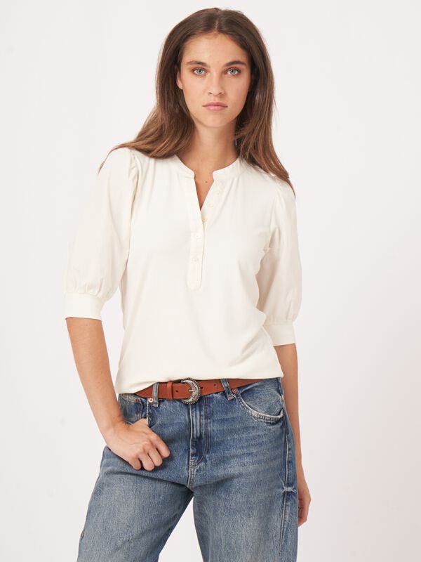 Henley top met korte pofmouwen image number 1