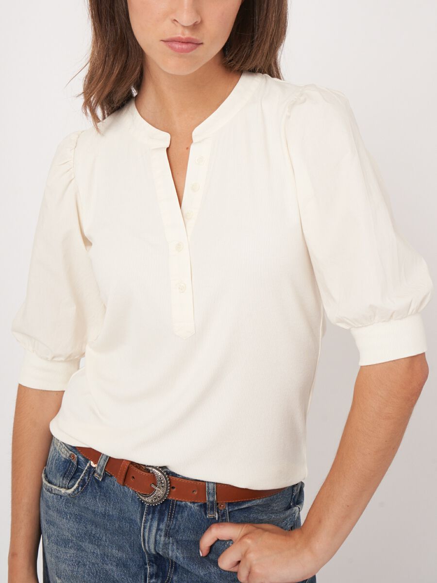 Henley top with short puff sleeves image number 3