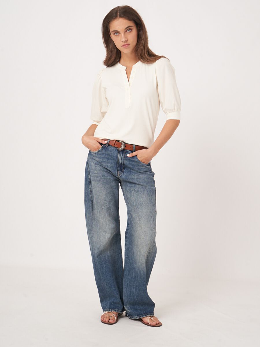 Henley top with short puff sleeves image number 5