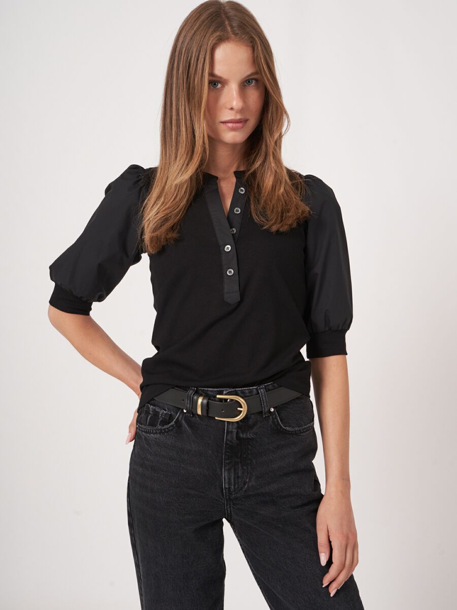Henley top with short puff sleeves image number 0