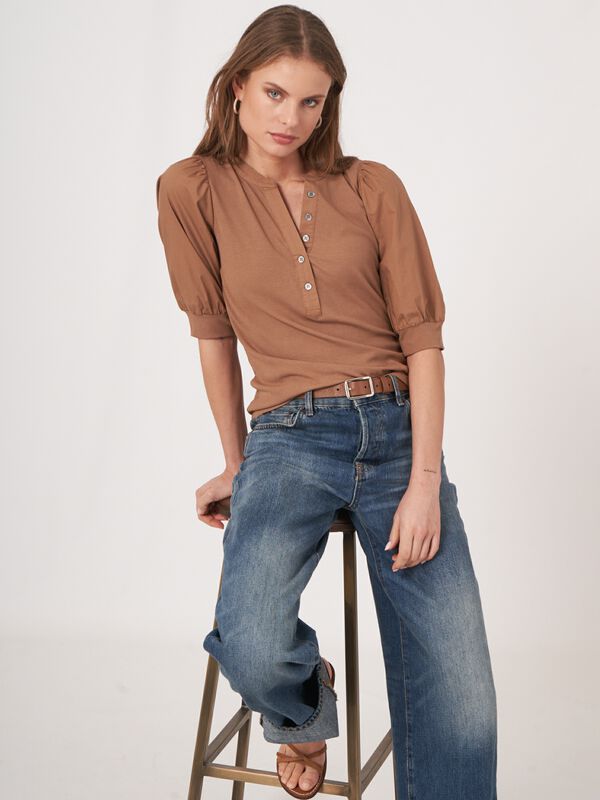 Henley top met korte pofmouwen image number 0