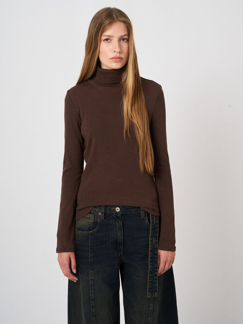 Ribbed Cashmere-Cotton Turtleneck Top