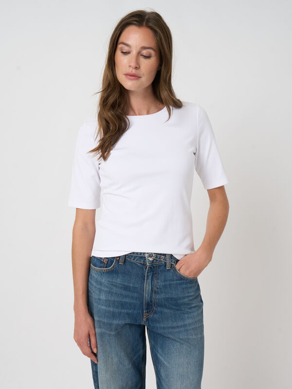 Geripptes Damen T-Shirt aus Baumwoll-Stretch, figurbetont image number 1
