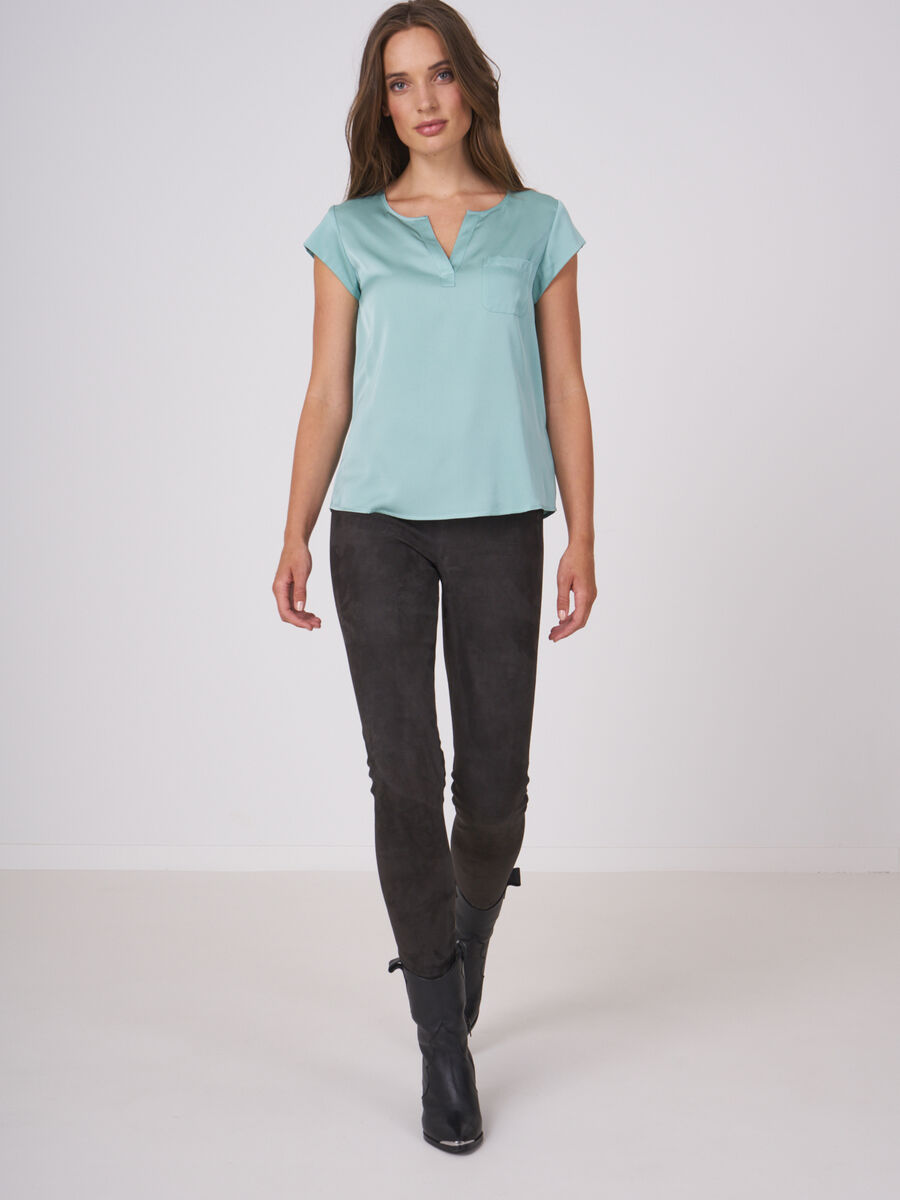 Short-sleeved silk top with pocket image number 128