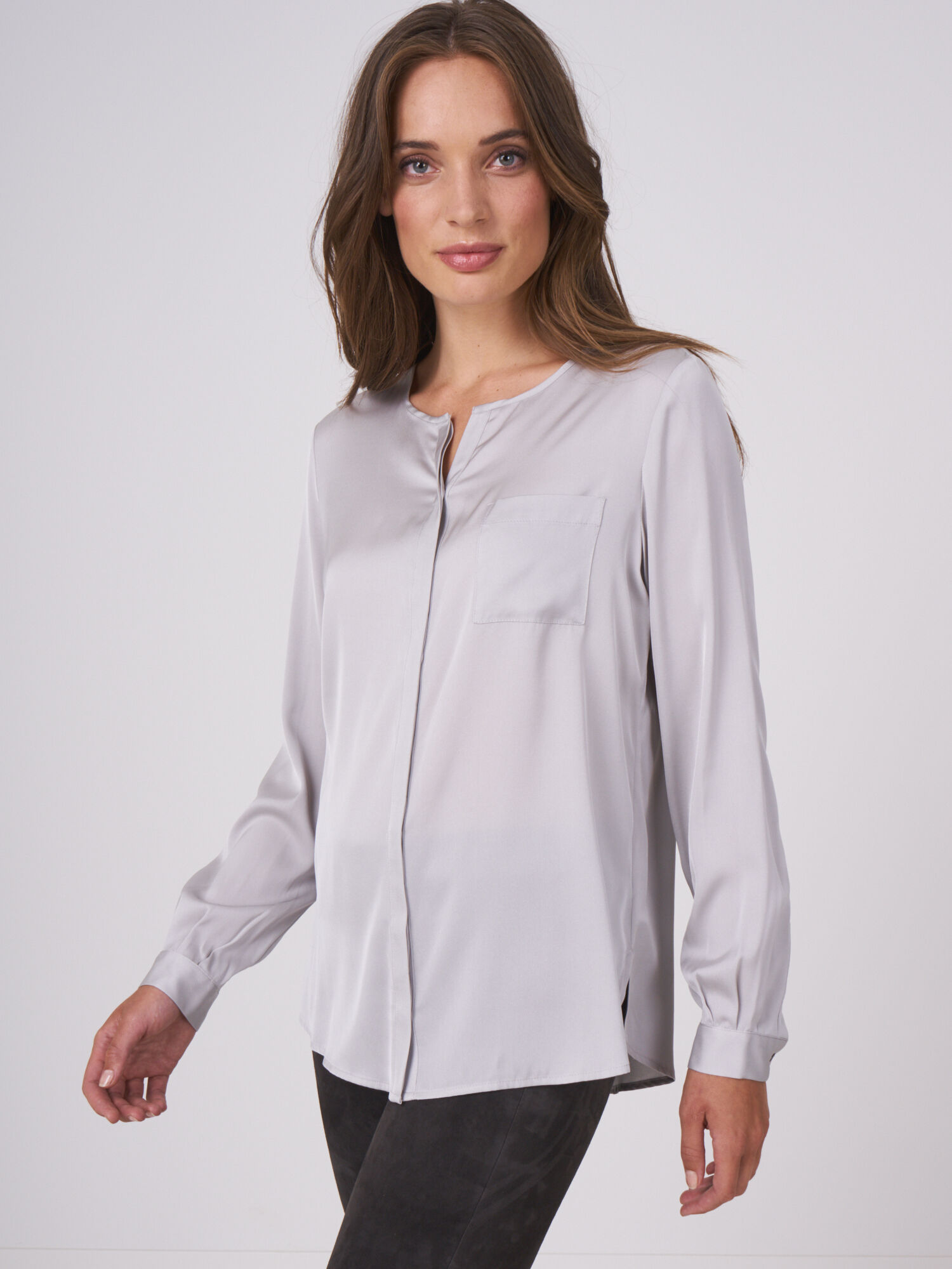 Split-Neck Long-Sleeve Button-Front Blouse for Women