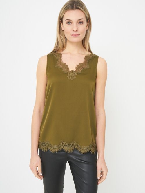 Top avec d&eacute;tails en dentelle en soie stretch
