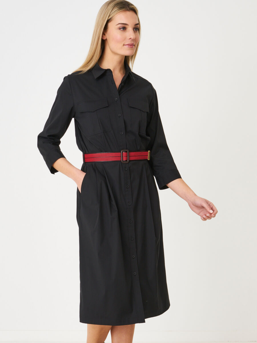 Long stretch poplin dress with shirt collar and bi-color belt image number 0