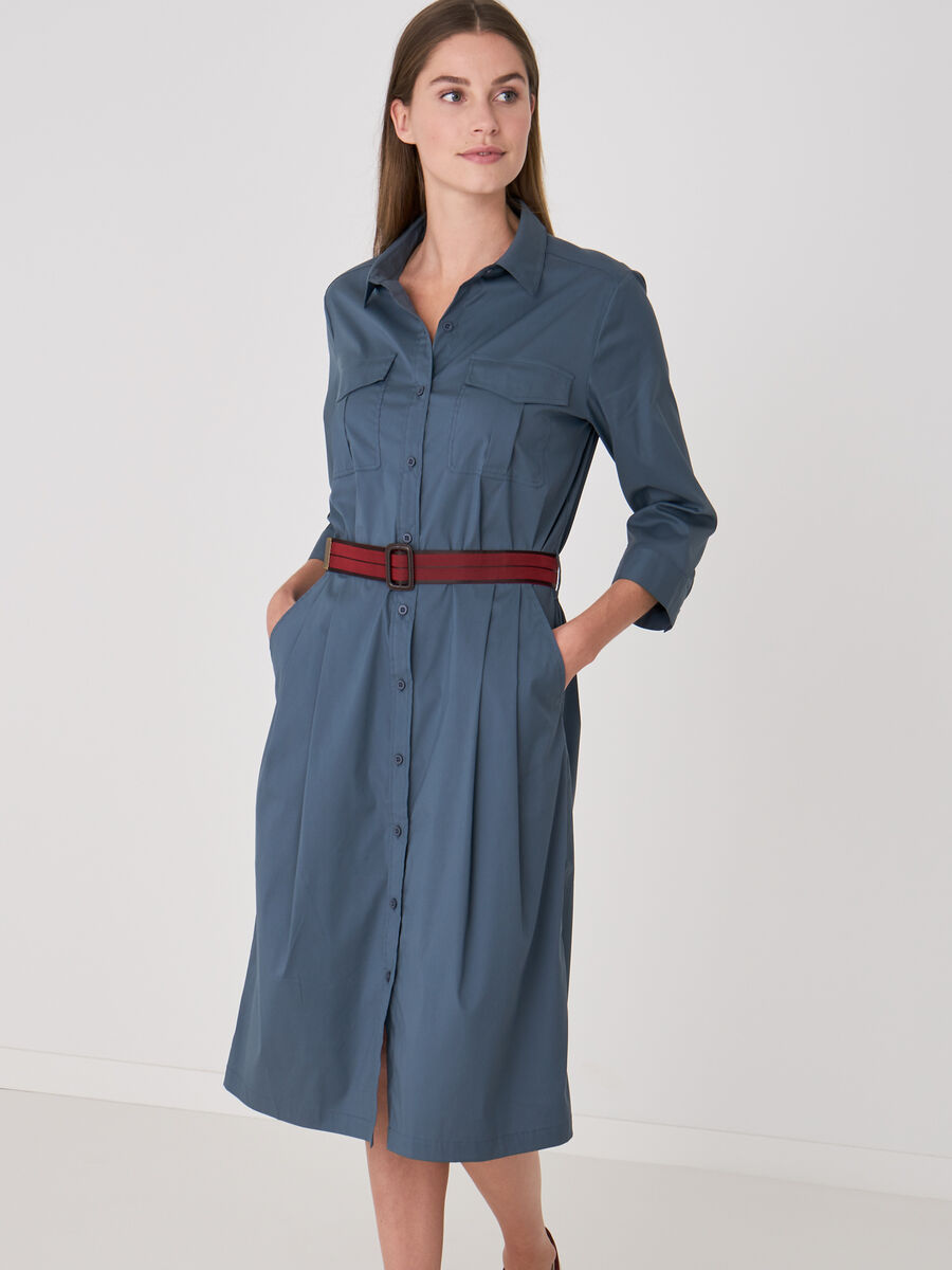 Long stretch poplin dress with shirt collar and bi-color belt image number 0