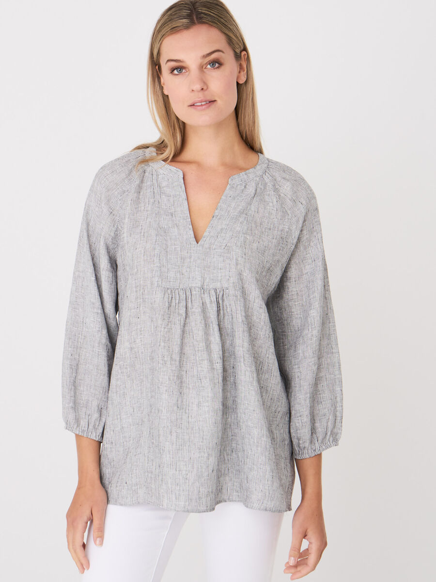 Pure linen loose fit blouse with check pattern image number 0