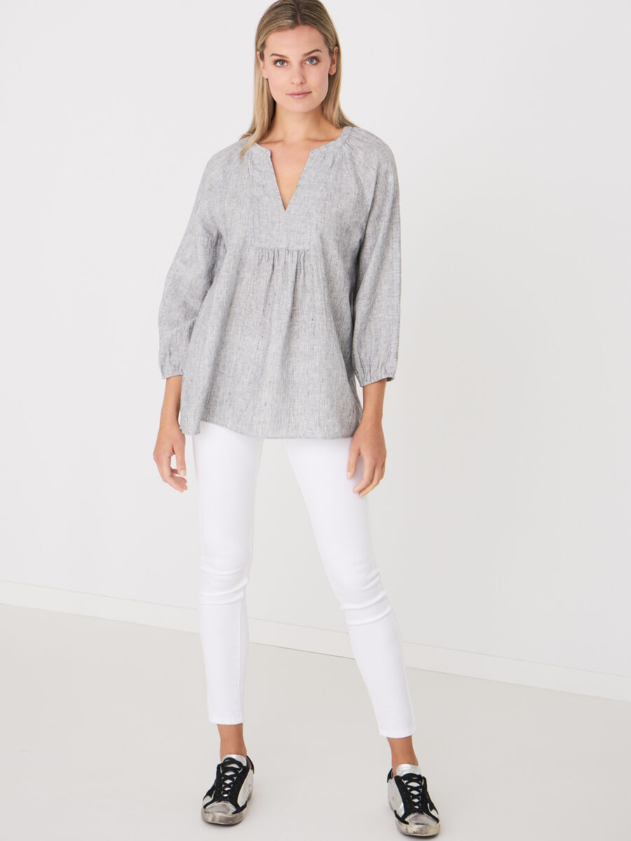 Pure linen loose fit blouse with check pattern image number 3