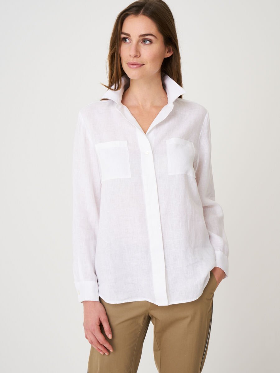 Basic pure linen blouse with breast pockets image number 0
