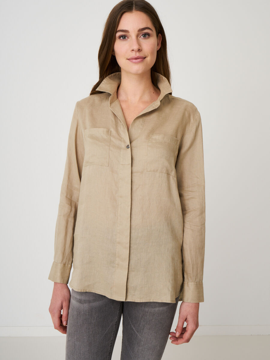 Basic pure linen blouse with breast pockets image number 0