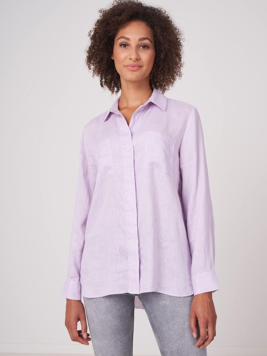 Basic pure linen blouse with breast pockets image number 0