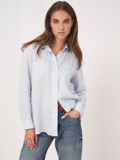 Basic pure linen blouse with breast pockets