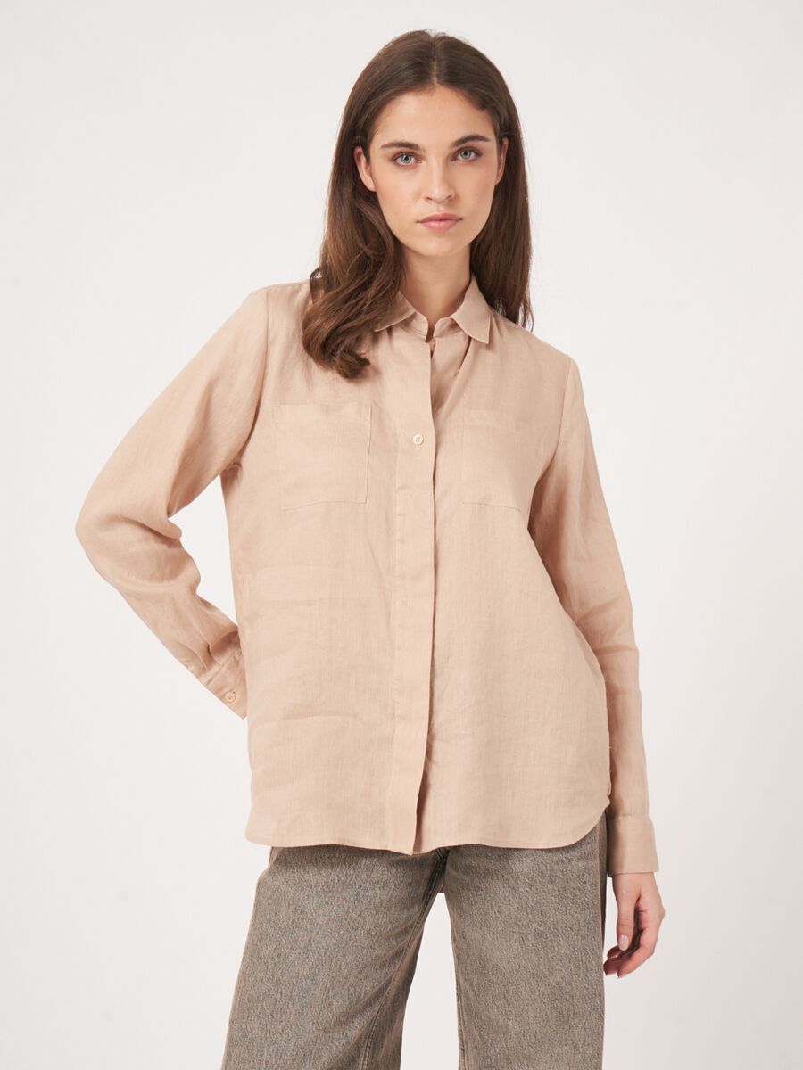 Basic pure linen blouse with breast pockets image number 0