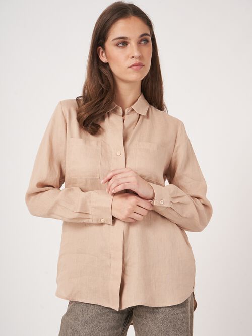 Basic pure linen blouse with breast pockets