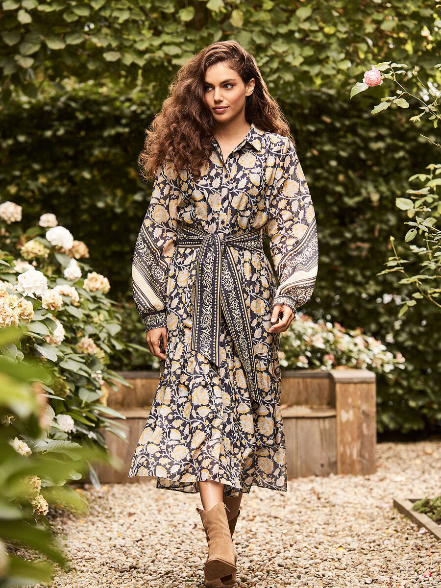 Cotton silk blend floral shirt dress with balloon sleeves image number 0