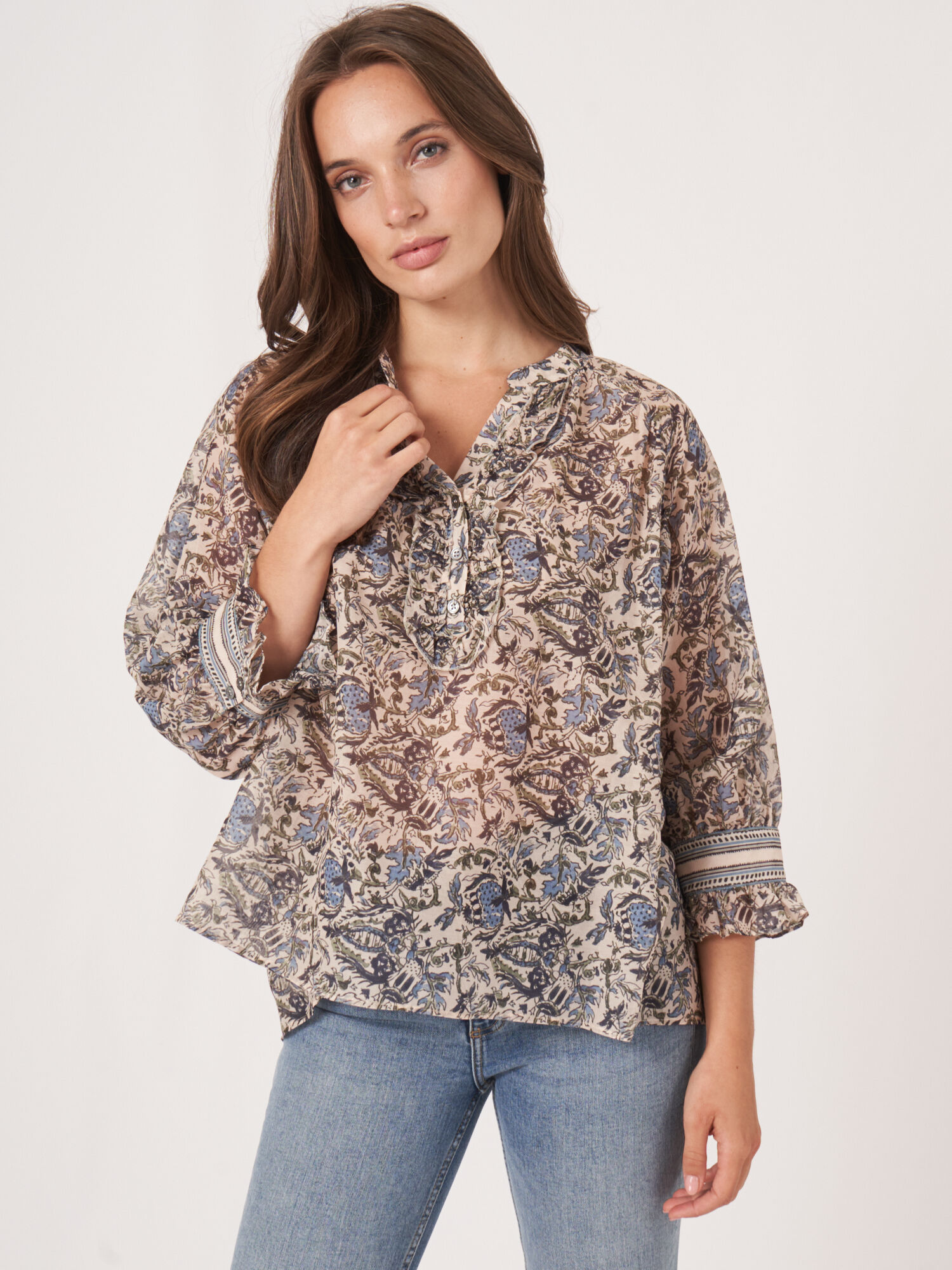 Sheer cotton silk blend floral blouse