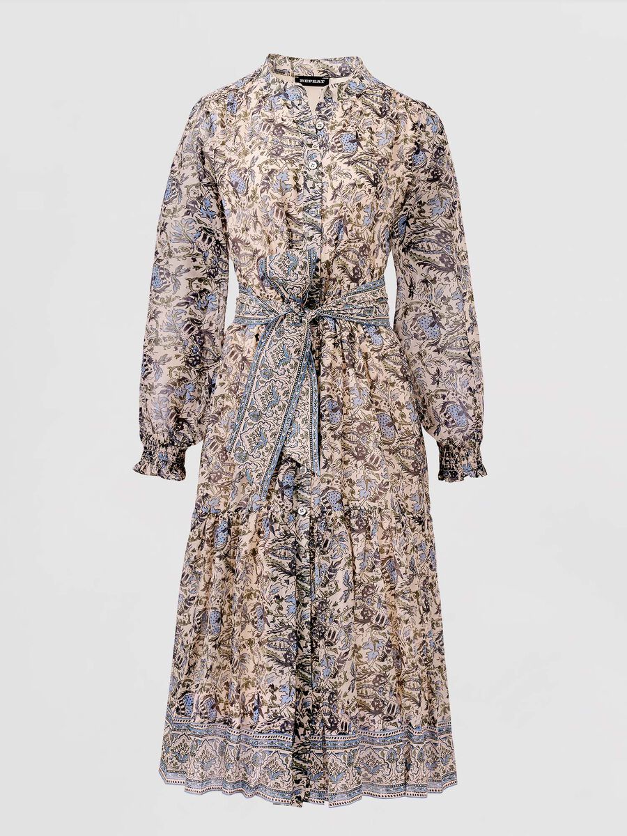 Lightweight cotton silk blend floral dress with belt image number 0