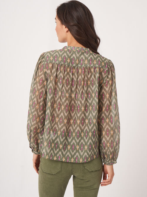 Cotton silk blend blouse with ikat print