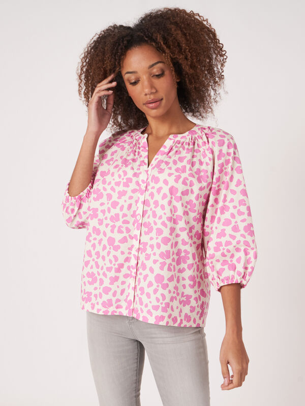 Katoenen blouse met pofmouwtjes en bloemenprint image number 0